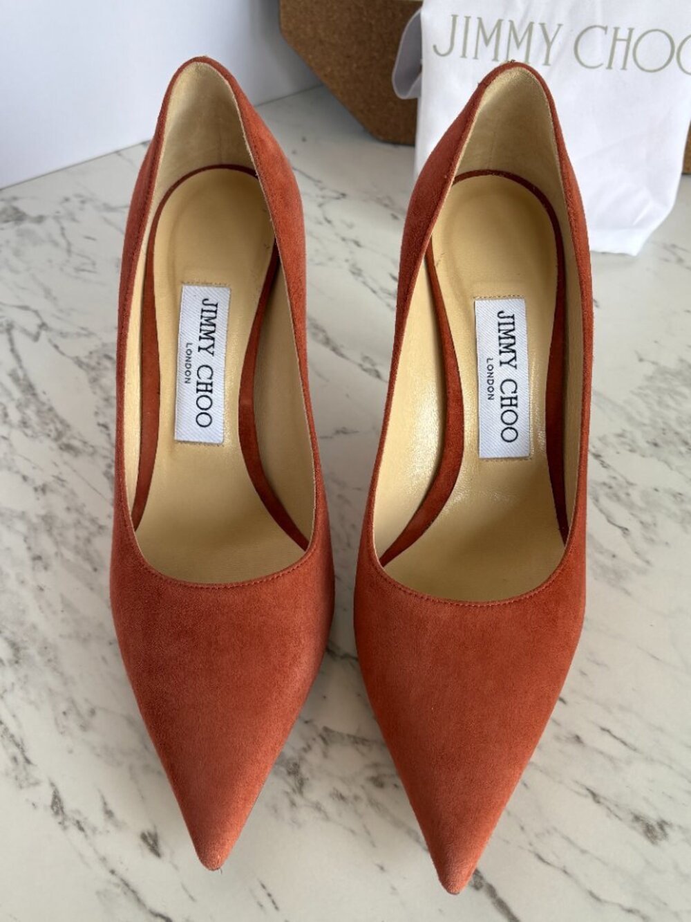 JIMMY CHOO Romy 85 Coral Orange Suede Pumps